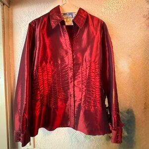 Coldwater Creek Satin Beaded Red Button Down Shirt